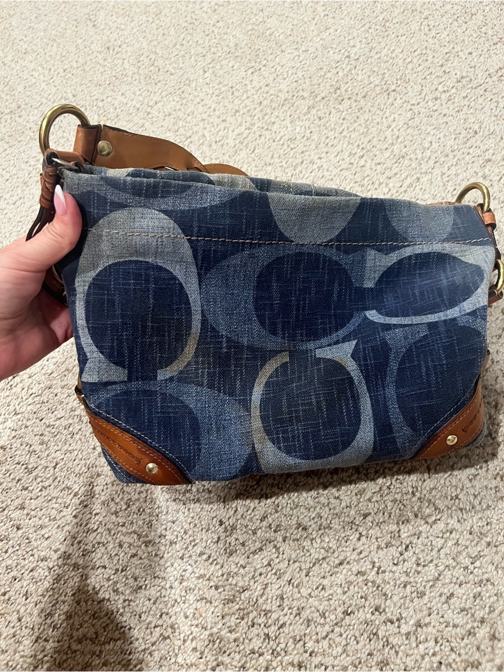Vintage Coach Denim Carly Logo-Print Shoulder Bag in Navy and Tan - Picture 9 of 11